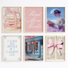 four framed pictures with pink bows on them and some books in front of the doors