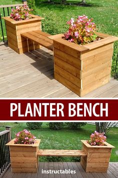 two wooden planters sitting on top of a deck next to each other with flowers in them