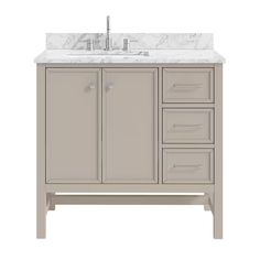 an image of a bathroom vanity with marble top and drawers on the bottom, side view