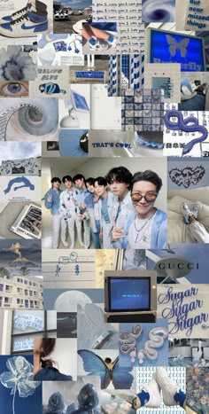 a collage of blue and white images