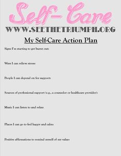 Develop a "Self-Care Action Plan" to make caring for yourself a priority. Download a pdf copy of the Plan here: http://www.seethetriumph.org/blog/see-the-triumphs-my-self-care-action-plan #seethetriumph Wellness Recovery Action Plan, Worksheets For Adults, Self Care Plan, Group Therapy Activities, Compassion Fatigue, Mental Health Activities, Group Counseling, Health Activities