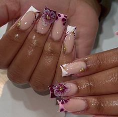 February Nails Purple, Purple 3d Flower Nails, Purple Nails Quinceanera, Cute Nail Ideas Purple, Medium Purple Nails, Purple Nails Flowers, Purple Nail Sets, Nails Purple Flower, Gold And Purple Nails