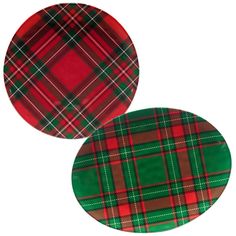 two red and green plaid coasters sitting on top of each other