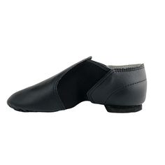 Slip-on Jazz shoe features soft glove leather with spandex wrap split-sole, cotton lining and heel counter. Fitted Dance Shoes With Rubber Sole For Practice, Fitted Synthetic Dance Shoes With Rubber Sole, Fitted Black Dance Shoes For Dance Class, Leather Round Toe Dance Shoes For Dance Class, Fitted Black Dance Shoes With Leather Sole, Classic Black Dance Shoes, Classic Fitted Black Dance Shoes, Leather Slip-on Dance Shoes, Fitted Black Dance Shoes With Removable Insole