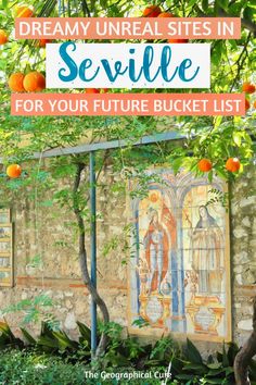 an orange tree in front of a mural on the side of a building with text overlay that reads, dream unreall sites in servillee for your future bucket list