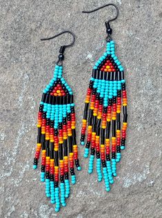 Southwestern Beaded Earrings  + A little over 3" long  + Glass seed beads  + Multicolor Artisan Multicolor Hand-strung Beaded Earrings, Southwestern Colorful Beaded Dangle Earrings, Southwestern Style Colorful Beaded Dangle Earrings, Southwestern Multicolor Teardrop Beaded Earrings, Multicolor Hand-strung Dangle Earrings, Multicolor Hand-strung Bohemian Beaded Earrings, Multicolor Bohemian Beaded Earrings, Multicolor Bohemian Hand-strung Beaded Earrings, Southwestern Multicolor Beaded Earrings