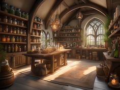 a room with lots of shelves filled with jars and containers on the wall next to a table