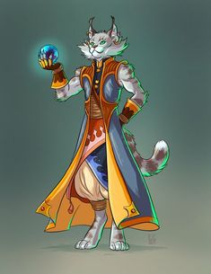 a drawing of a cat holding a crystal ball in its hand and wearing a costume