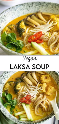 two pictures of vegan laksa soup with broccoli and carrots