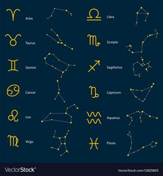 zodiac signs and their names on a dark blue background with yellow stars in the sky