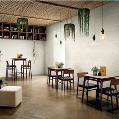 an empty restaurant with wooden tables and chairs, plants hanging from the rafter ceiling