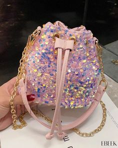 Ebeek - Exquisite All-Over Sequin Drawstring Bucket Bag Pink Evening Bucket Bag, Summer Party Purple Shoulder Bag, Pink Evening Pouch Bucket Bag, Pink Evening Bucket Bag Shaped As Pouch, Pink Party Bucket Bag, Pink Pouch Bucket Bag For Evening, Trendy Pink Shoulder Bag For Party, Party Bags With Adjustable Strap For Spring, Pink Bucket Bag For Parties