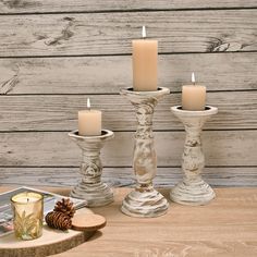 PRICES MAY VARY. 【Excellent Craftsmanship】Our pillar candle holder set of 3 are made of premium natural wood, which is sturdy and durable. All of the wood candle holders with a graceful shape are finished by excellent craftsmen. The wood grains are retained on the candlestick and the surface is so smooth. 【Table Centerpieces】It is a good choice to use the wooden candle holders as candle stands for pillar candle. The candlestick holders would be an elegant dining room table decor. Put them with l Rustic Wood Candle Holders, Farmhouse Candle Holders, Room Table Decor, Romantic Candle Light Dinner, White Candle Holders, White Pillar Candles, Farmhouse Candles, Tall Candle Holders, Dining Room Table Decor