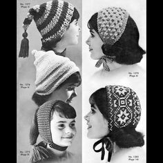 three women's hats with tassels and pompoms are shown in four different styles