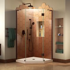 a bathroom with a walk in shower next to a shelf and towels on the wall