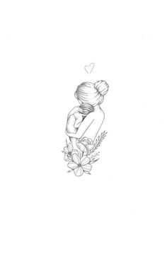 a black and white drawing of a woman holding a baby in her arms with a heart above her head