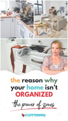 a woman sitting in front of a kitchen sink with the words, the reason why your home isn't organized is the power of shoes