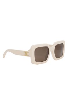 Polished logos at the temples add a sleek, minimalist vibe to Italian-made sunglasses that are ready to make a retro-chic statement. 56mm lens width; 23mm bridge width; 140mm temple length 100% UV protection Acetate Made in Italy Minimalist Vibe, Celine Triomphe, Retro Chic, Square Sunglasses, Uv Protection, Temple, Bridge, In Italy, Nordstrom