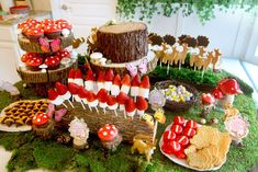 a table topped with lots of food and desserts on top of moss covered ground