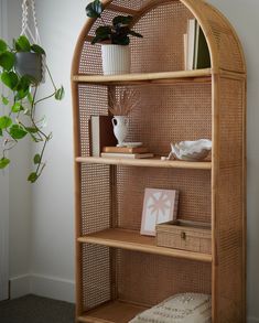 a wicker shelf with books and plants on it next to a potted plant