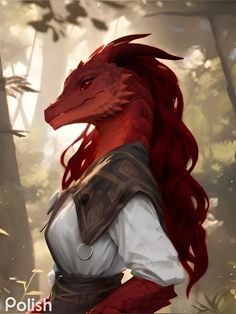 a woman with red hair standing next to a dragon in the woods and looking at something