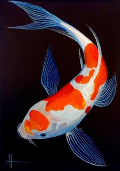 an orange and white koi fish swimming in the dark water with its tail curled up