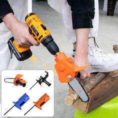 a man is using a chainsaw to cut wood with two different types of tools