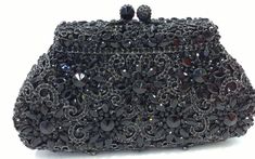 New Black Art Deco With Black Austrian Crystal Minaudière Hard Shell Clutch Evening Bag With a Removable Shoulder Chain Inside Black Evening Bag For Events, Black Clutch Bag For Wedding, Black Clutch Evening Bag As Gift, Black Clutch Evening Bag For Gift, Black Clutch Evening Bag For Events, Black Evening Clutch Bag, Black Glamorous Clutch For Formal Events, Glamorous Black Clutch For Formal Occasions, Luxury Black Evening Bag For Wedding