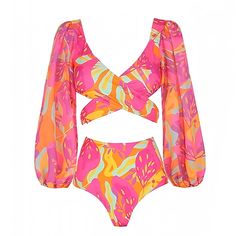 - 40% polyester 40% nylon 20% spandex - hand wash / air dry Panama Hot Pink Multi-Color Patterned Long Puff Sleeve 2 Piece Bikini Set Details: Beautiful multi-color pattern design Made of soft. comfortable fabric Easy to clean & maintain Made of durable fabric for long wear / use Wrap Swimwear, Womens Bathing Suits, Summer Prints, Tankini Swimsuits, Long Puff Sleeves, Swimwear Cover, Sheer Sleeves, Scrunchie Hairstyles, Skirted Swimwear