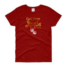 Christmas shirts/ Jingle Bells T-shirts/ winter holiday top Christmas gift featuring Get Your Jingle On in metallic gold and metallic silver jingle bells with a red metallic ribbon.Our premium quality unisex and women’s T-Shirts are preshrunk and feature double needle stitching throughout.~~~~~~~~~~~~~ UNISEX SHIRTS ~~~~~~~~~~~~~• 100% preshrunk cotton• Gray color is 60/40• Seamless rib at neck; Taped shoulder-to-shoulder• Double-needle stitching throughout• Crew neck~~~~~~~~~~~~~ WOMEN'S SHIRTS Holiday Party Tops, Unisex Christmas Gifts, Winter Holiday Party, Top Christmas Gifts, Spirit Shirts, Holiday Tops, Silver Bells, Christmas Gifts For Women, Party Tops