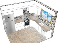 a drawing of a kitchen with an oven, refrigerator and sink in the middle of it