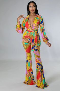 Elevate your style game with our Women's Flare Bottom V Neck Bodysuit Pant Set! The multi-color design adds a unique touch, while the V-neck and flare bottom create a flattering silhouette. Perfect for any occasion, this set is a must-have addition to your wardrobe. Two piece set Stretch bodysuit Collar V neck Long sleeves No closure High waisted pants Elastic waistband Flare bottoms No closure Scarf included 95% polyester 5% spandex Hand wash cold Inseam is 37 inches Model is wearing a small MO Athleisure Jumpsuit, Bodysuit Pant, Flare Bottoms, Shirt Dress Summer, Joggers Track Pants, V Neck Bodysuit, Denim Shirt Dress, Colored Pants, Short Mini Dress