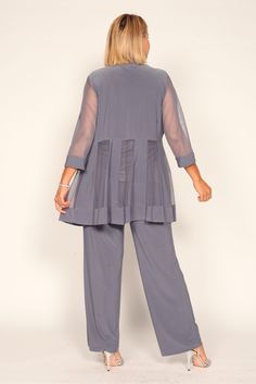 Look chic and fabulous in this beautiful plus-size pantsuit. The fashionable suit features a jacket with shear, 3/4 length sleeves, elegant slacks, and a beautiful blouse with a beaded neckline. Always classic, this pant suit will give you endless style and sophistication. Perfect for formal, evening parties, church, and other special occasions. Available in Plus Size and Petite Size Fabric : Poly SpandexLength : 51 inchesSleeve Style : SleevelessColor : Black, Royal, Plum, Navy, Granite, Merlot Plus Size Pant Suits, Formal Pant Suits, Long Sleeve Satin Dress, Formal Pant, Plus Size Black Dresses, Long Fitted Dresses, Plus Size Formal, Formal Pants, Plus Size Formal Dresses