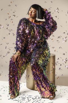 Multicolored Sequin Teardrop Jumpsuit- JIBRI Write Characters, Jumpsuit Off Shoulder, Disco Glam, Sequin Jumpsuit, Special Clothes, Full Sleeves, Style Mistakes, Party Looks, Atlanta Ga