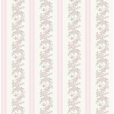 a pink and white striped wallpaper with flowers