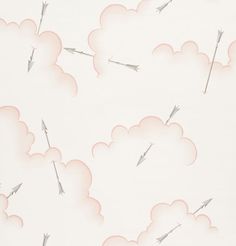 an artistic wallpaper with pink clouds and silver arrows flying through the sky in different directions