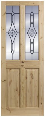 a wooden door with two glass panels