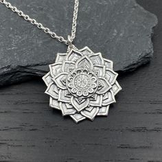 "This intricately detailed and layered large Mandala Lotus Flower pendant necklace is 925 solid sterling silver and comes on a 925 solid sterling silver chain. Choose your chain style, length or pendant only.  The Mandala is a symbol of the universe in its ideal form and is used to aid meditation to achieve the perfect self.   - Available in 16\", 18\", 20\", 22\", 24\" or Pendant Only - Choose Chain Style:  Shiny Rolo or Oxidized Cable  - All jewelry parts 925 solid sterling silver  - Mandala p Mandala Lotus Flower, Large Mandala, Mandala Pendant, Lotus Flower Pendant, Mandala Lotus, Zen Jewelry, Om Pendant, Mandala Necklace, Lotus Necklace