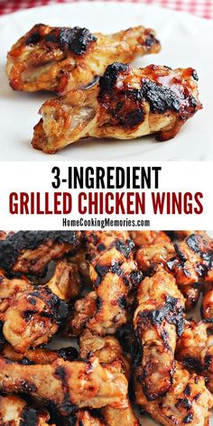 grilled chicken wings on a plate with text overlay that reads 3 ingredient grilled chicken wings