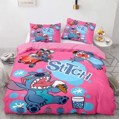 a pink bed with cartoon characters on it and the word stitch written in large letters