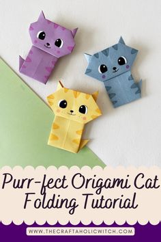 three origami cats sitting on top of an envelope with the text purr - fe