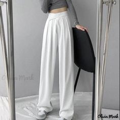 Olivia Mark - High-Waisted Wide-Leg Trousers with Loose Fit and Floor-Length Design White Wide Leg Bottoms, Baggy White Wide Leg Full Length Pants, White Baggy Wide Leg Full Length Pants, Long Leather Skirt, Black Pleated Skirt, Flower Skirt, Pant Length, Waist Circumference, Straight Skirt