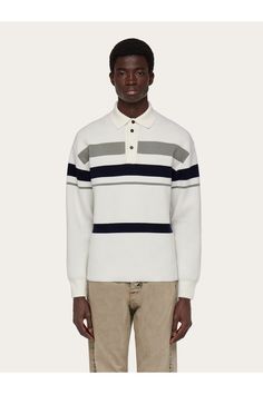 Shop the Long sleeved polo shirt Mascarpone/Navy blue/Ash grey on Ferragamo.com. Discover the iconic collection on our official online shop now. Free Delivery. Button Down Polo, Ferragamo Men, Polo Shirt White, Polo Sweater, Collar Sweater, Custom Buttons, Long Sleeve Polo Shirt, Cotton Polo Shirt, Pique Polo Shirt