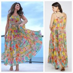 New! Grab Our Boho Blissful Tiered Maxi Dress For The Piece That You’ll Be Reaching For Time Again When You Need To Look Just As Good As You Feel! In A Warm Floral Mixed Pattern Of Happy Yellows, Oranges, And Teal, This Piece Is Sure To Make You Smile Every Time You Put It On! Tierred Maxi Dress Tie-Up At Shoulder And Front Neck Floral Tile Printed Sheer Fabric Summer Swim Pool Poolside Beach Vacation Travel Comfort Hawaii Resort Modest Tropical Lake Sun Breezy Multicolor Maxi Dress, Breezy Flowy Multicolor Maxi Dress, Multicolor Floral Print Maxi Dress For Holiday, Holiday Multicolor Floral Print Maxi Dress, Casual Multicolor Sundress For Holiday, Multicolor Spring Sundress For Holiday, Multicolor Floral Print Sundress For Beach, Multicolor Maxi Dress For Spring Holiday, Flowy Multicolor Maxi Dress For Holiday