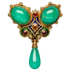 This fine piece of Art Nouveau jewellery has the inscription September 30th 1904 engraved on the reverse. Two oval cabochon chrysoprase, a chrysoprase drop and four round cut citrines in yellow, light and deep orange are mounted in 14 karat gold . The brooch is decorated with blue and green enamel, applied golden flowers and fine beading enhance the design. Antique Multi-stone Brooches For Formal Occasions, Ornate Gemstone Brooches For Collectors, Green Gemstone Pendant Brooches, Antique Green Gemstone Brooches, Victorian Pendant Brooches With Cabochon, Antique Cabochon Brooches For Anniversary, Vintage Ceremonial Pendant Brooch, Vintage Ceremonial Pendant Brooches, Antique Green Pendant Brooch