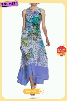 Women's Sleeveless Long Skirt Floral Stitching Printed Pocket Round Neck Dress Casual Patchwork Sleeveless Dress For The Beach, Casual Sleeveless Patchwork Dress For Vacation, Casual Patchwork Sleeveless Dress For Vacation, Casual Sleeveless Patchwork Dress, Casual Purple Patchwork Dress, Summer Vacation Sleeveless Patchwork Dress, Summer Vacation Sleeveless Dress With Patchwork, Bohemian Sleeveless Patchwork Dress For Spring, Sleeveless Patchwork Maxi Dress For Summer