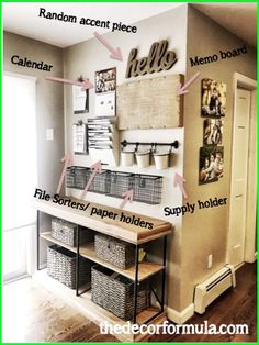 an organized entryway with baskets on the wall and shelves labeled in words above it