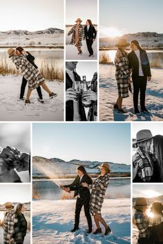 a collage of people standing in the snow with their arms around each other and kissing