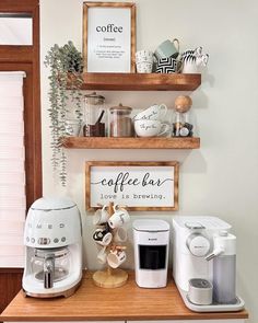 Coffe Corners Ideas Living Room, Small Coffee Bar Ideas Office, Coffee Corner Living Room, Coffee Kitchen Decor Ideas, Coffe Corners Design, Small Coffee Nook, Coffee Bar Ideas Kitchen Counter Corner, Boho Coffee Bar Ideas, Coffee Corner Ideas Small Spaces