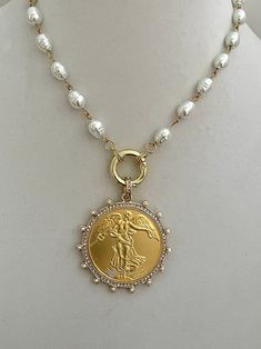 Gold French Coin Pendant-Porcelain Replica Pearl Necklace-Reproduction - Vanessadesigns4u Chunky Gold Jewelry, French Coins, Sterling Necklace, Coin Pendant Necklace, Pearl Necklaces, Antique Inspiration, Gold Coin, Coin Jewelry, Gold Wire